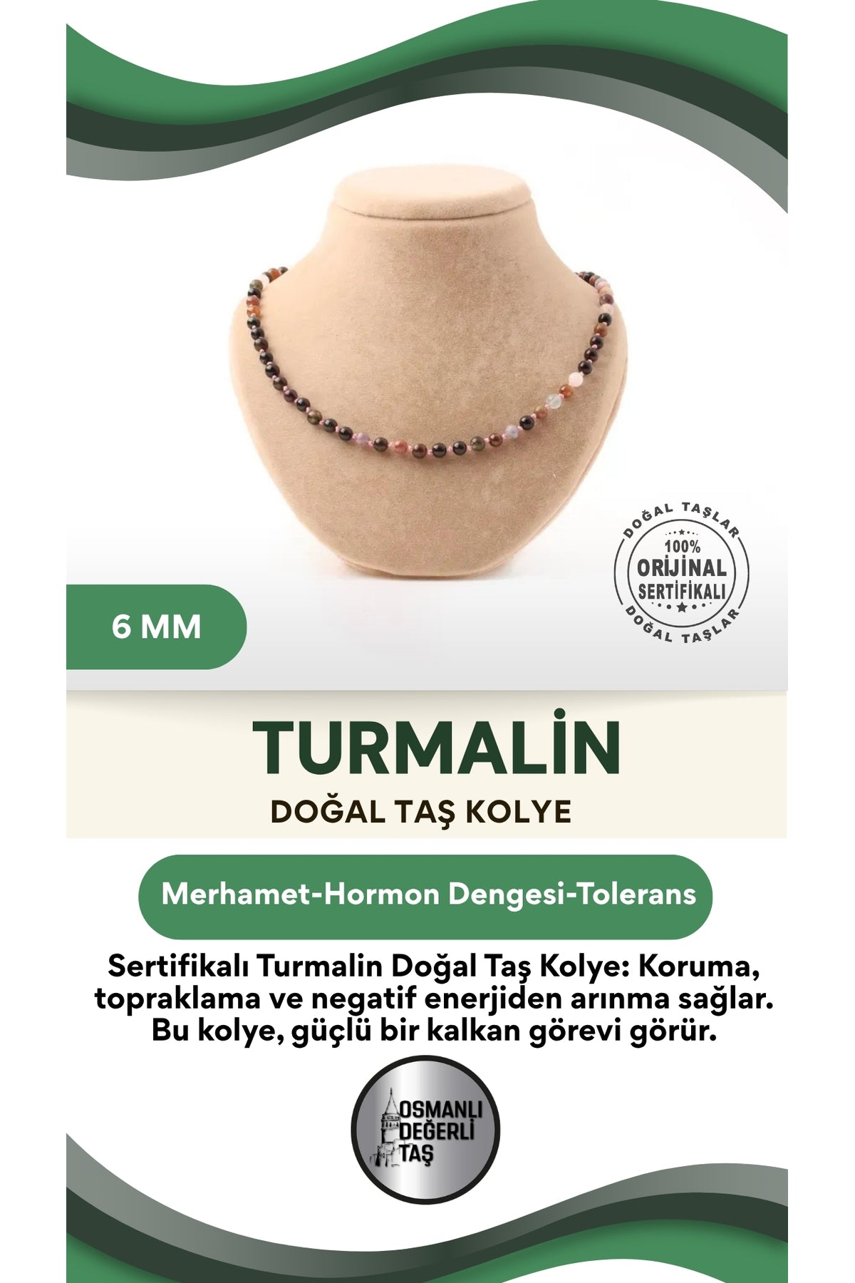 Sertifikalı Turmalin Doğaltaş Kolye 6 Mm, M597