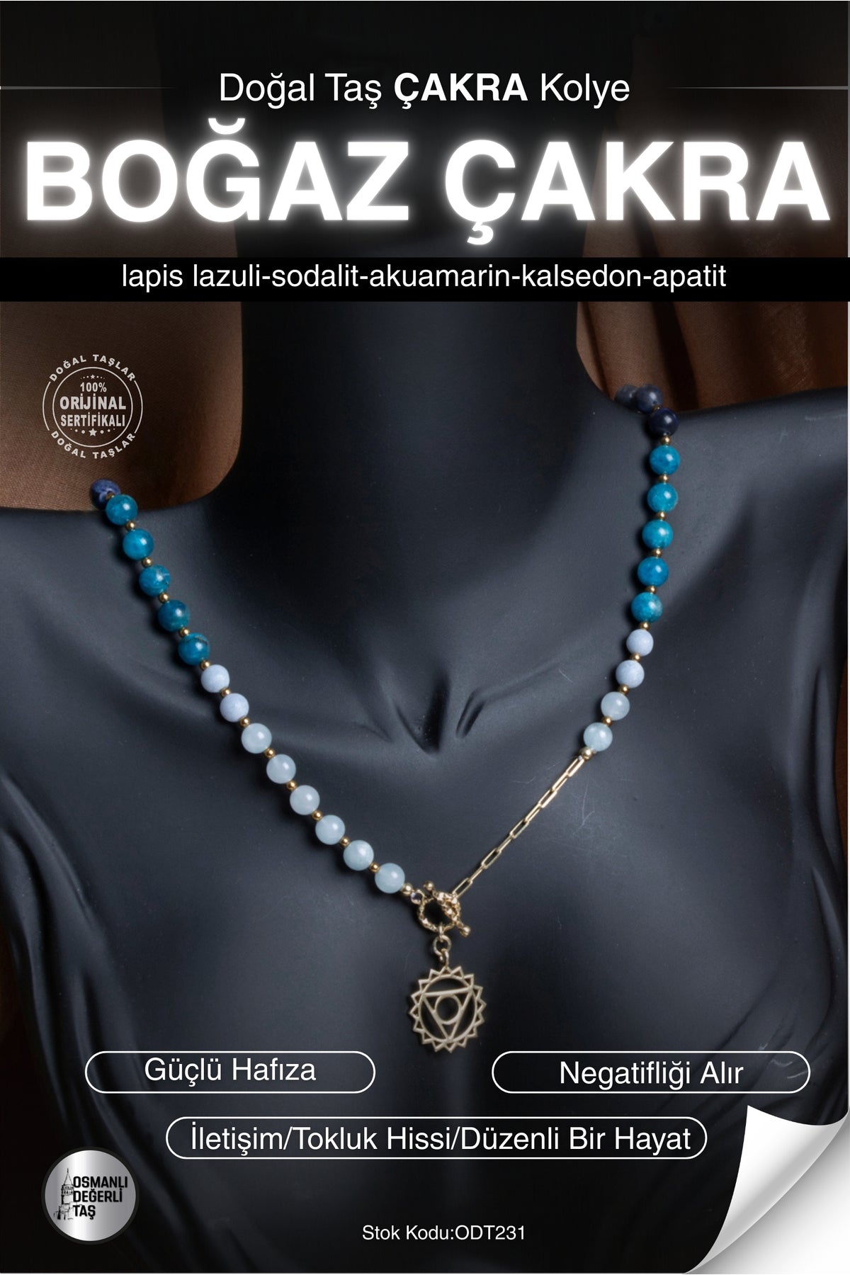 SERTİFİKALI Lapis Lazuli-Sodalit-Akuamarin-Kalsedon-Apatit Doğal Taş Boğaz Çakra Kolye ODT231
