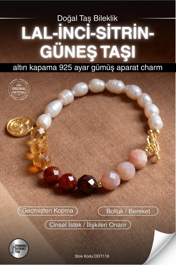 Sertifikalı LAL-İNCİ-SİTRİN-GÜNEŞ TAŞI Doğal Taş Solar Çakra Altın Kaplama Charm Bileklik ODT118