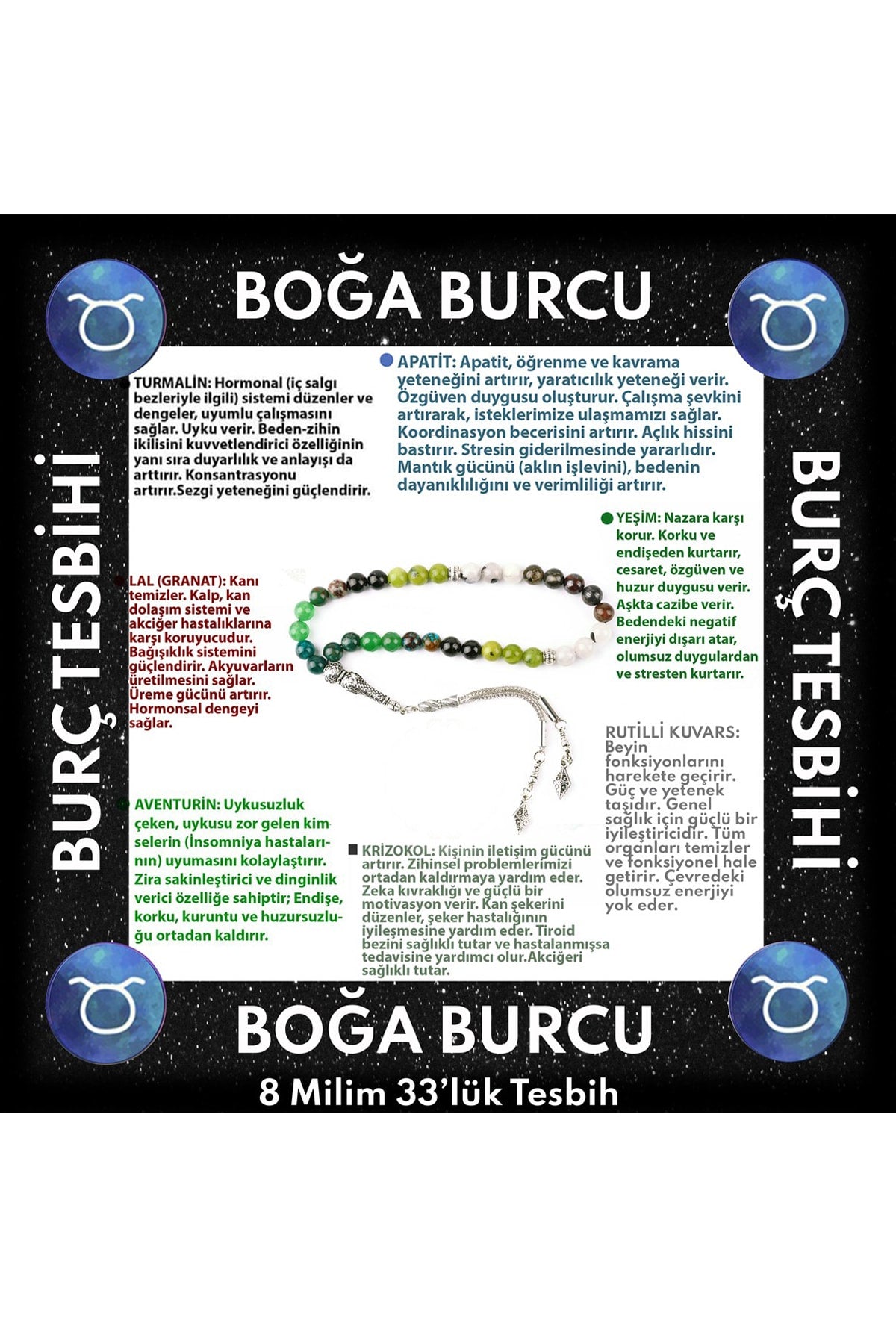 Boğa Burcu 33'lük Tesbih Apatit-turmalin-yeşim-lal-rutilli Kuvars-aventurin-krizokol