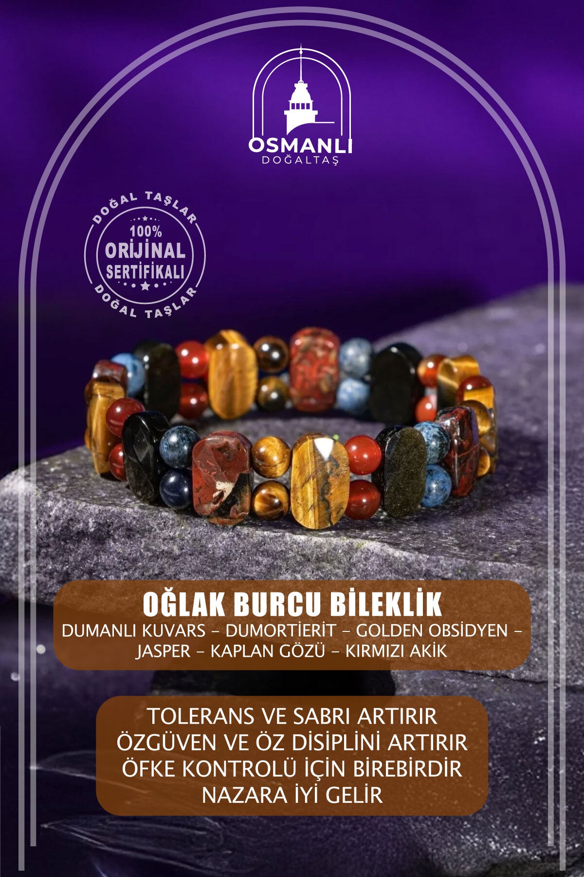 Oğlak Burcu Doğal Taş Geniş Kesim El Yapımı Bileklik