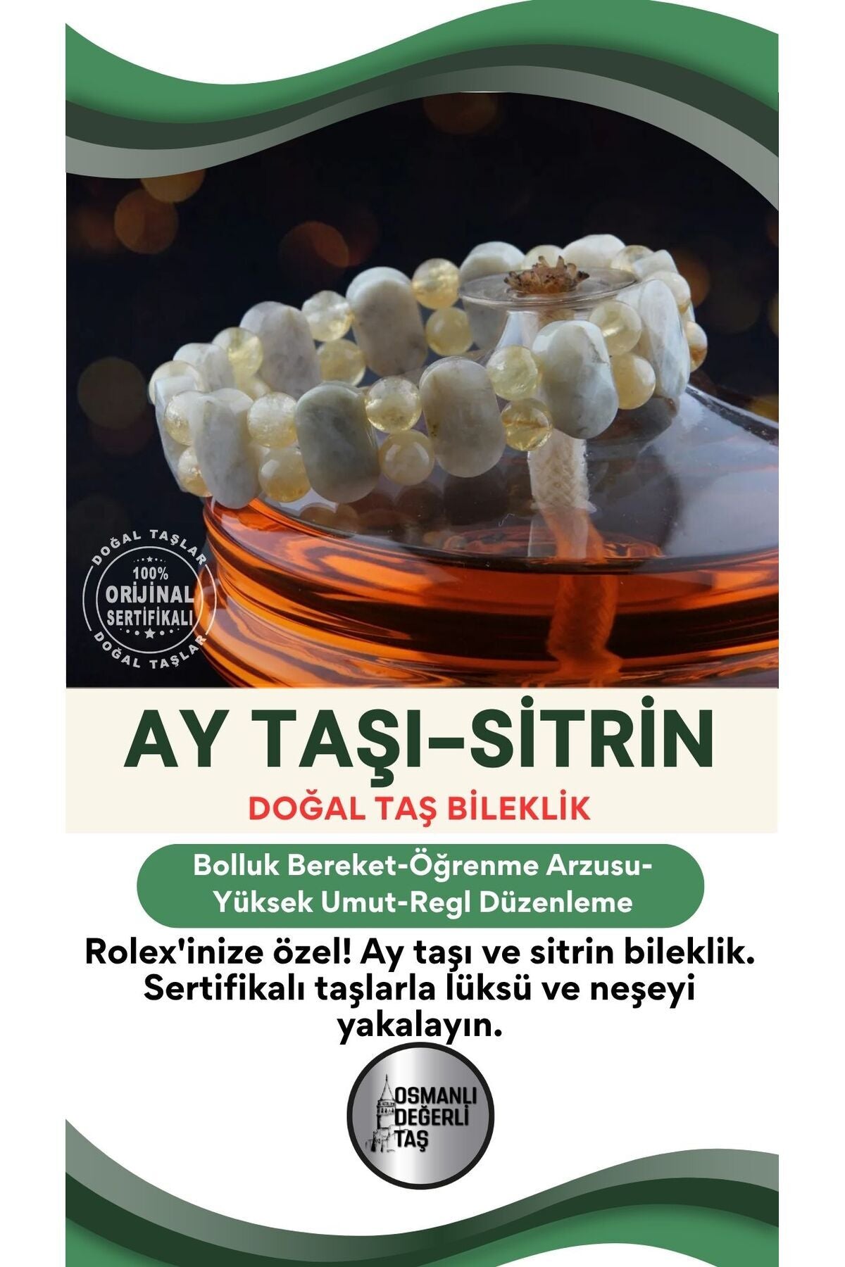 Sertifikalı Ay Taşı-sitrin Roleks Bileklik