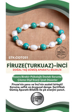 Sertifikalı Firuze(Turkuaz)-İnci Doğal Taş Gümüş Aparatlı Bileklik ODT051