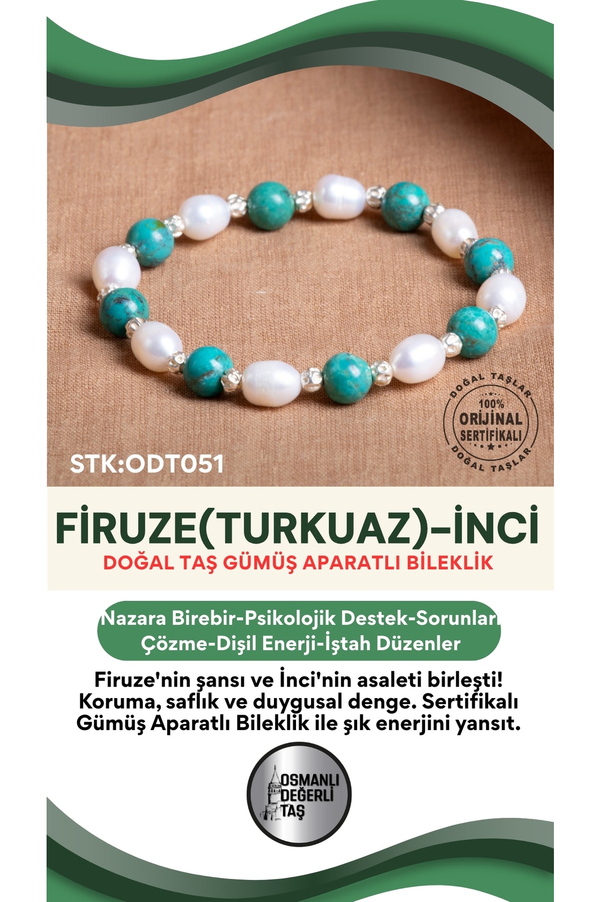 Sertifikalı Firuze(Turkuaz)-İnci Doğal Taş Gümüş Aparatlı Bileklik ODT051