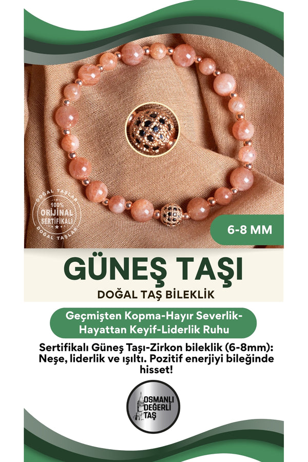 SERTİFİKALI Güneş taşı Doğal Taş zirkon aparat Bileklik 6-8 mm