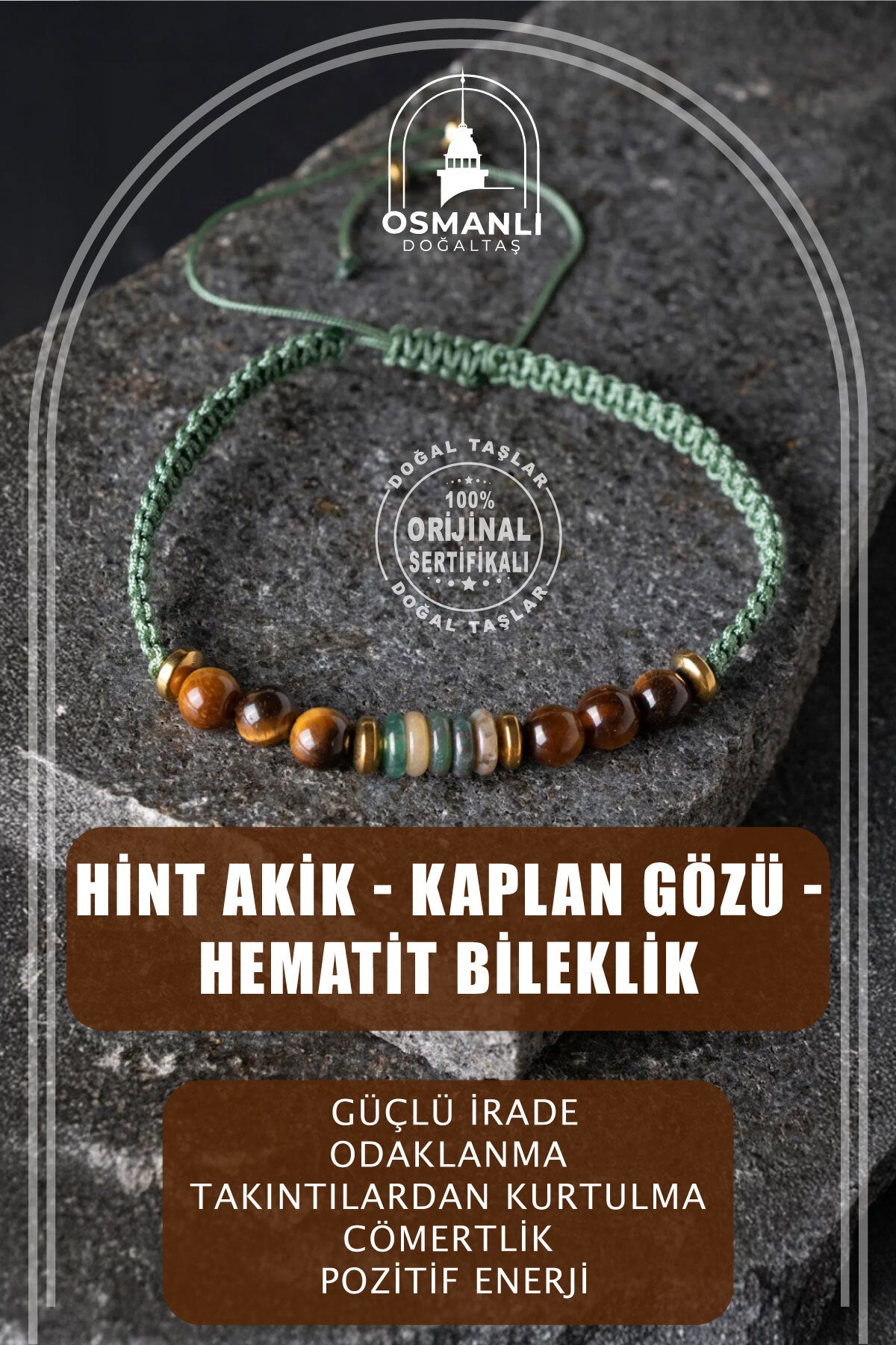 SERTİFİKALI HİNT AKİK KAPLAN GÖZÜ HEMATİT DOĞAL TAŞLI ÖRGÜ TASARIM BİLEKLİK