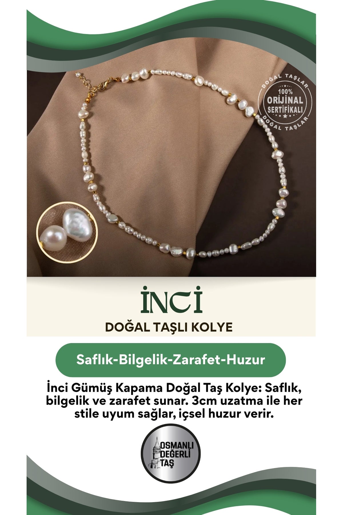 Inci Gümüş Kapama Doğal Taş Kolye (3CM UZATMA İLE BİRLİKTE)