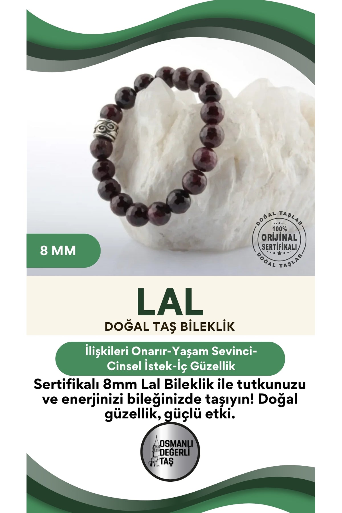 Sertifikalı Doğal Taş 8 Mm Lal Bileklik