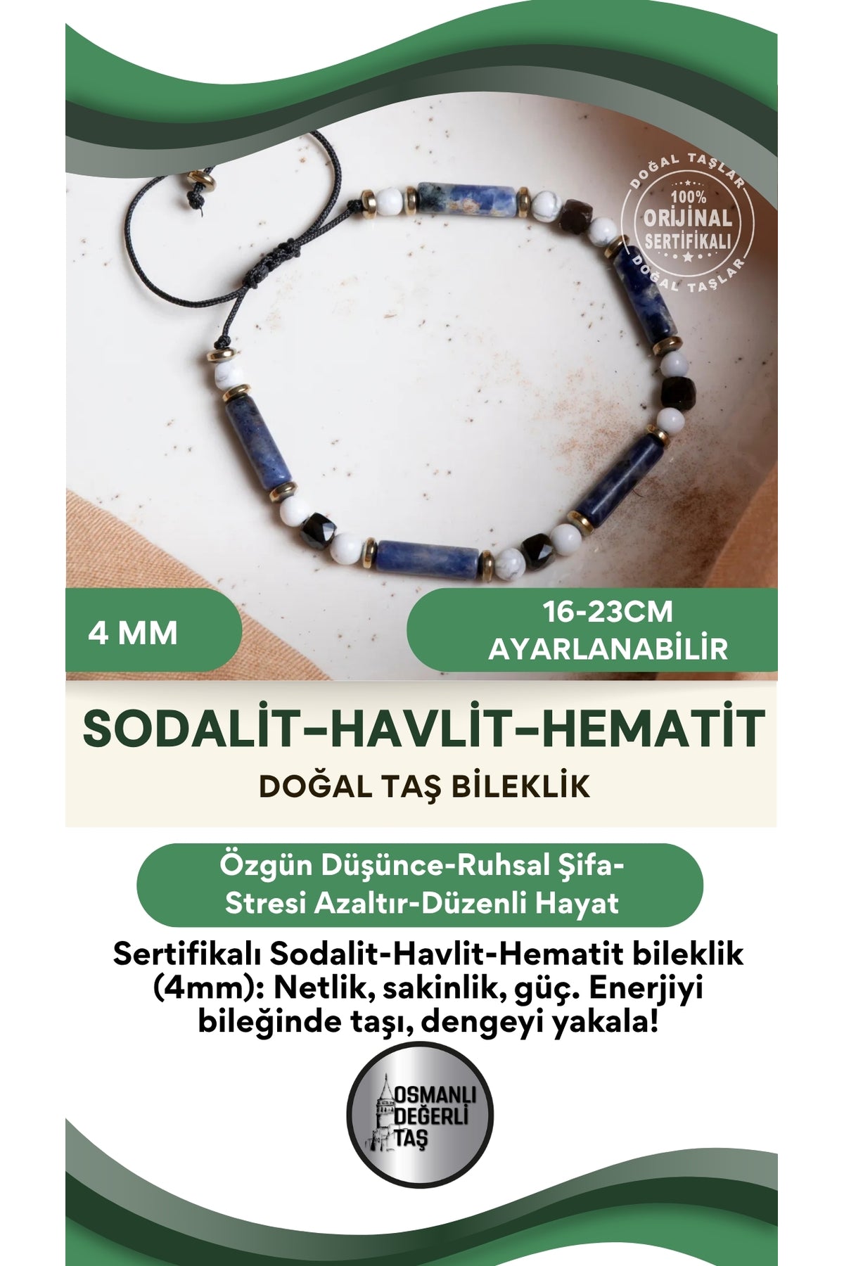SERTİFİKALI Sodalit Havlit Hematit Doğal Taş Makrome Bileklik (4 mm)