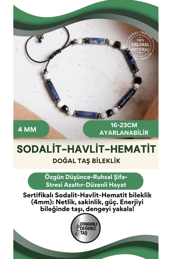 SERTİFİKALI Sodalit Havlit Hematit Doğal Taş Makrome Bileklik (4 mm)