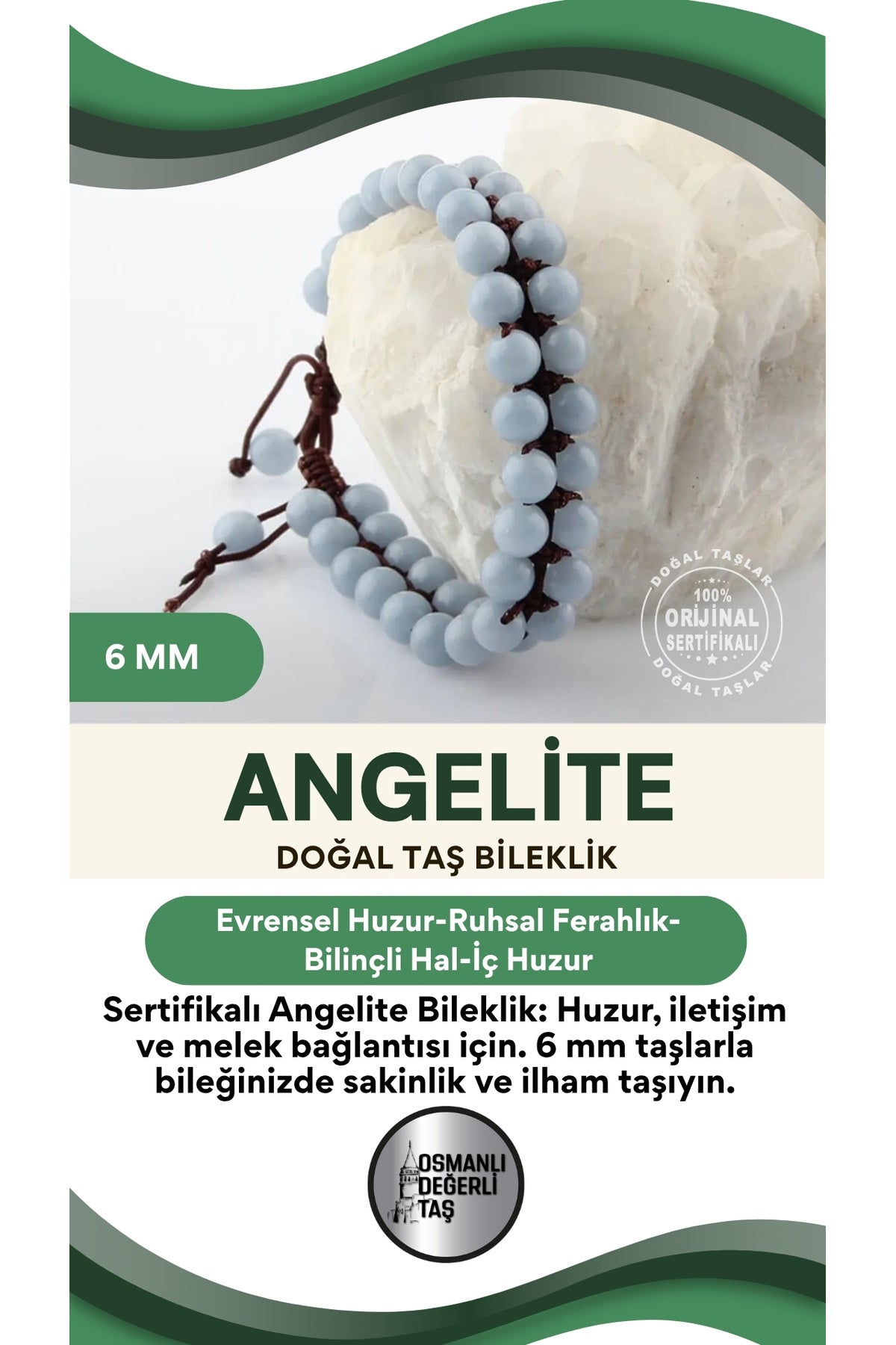 Sertifikalı Angelite Doğal Taş Bileklik - 6 Mm B647