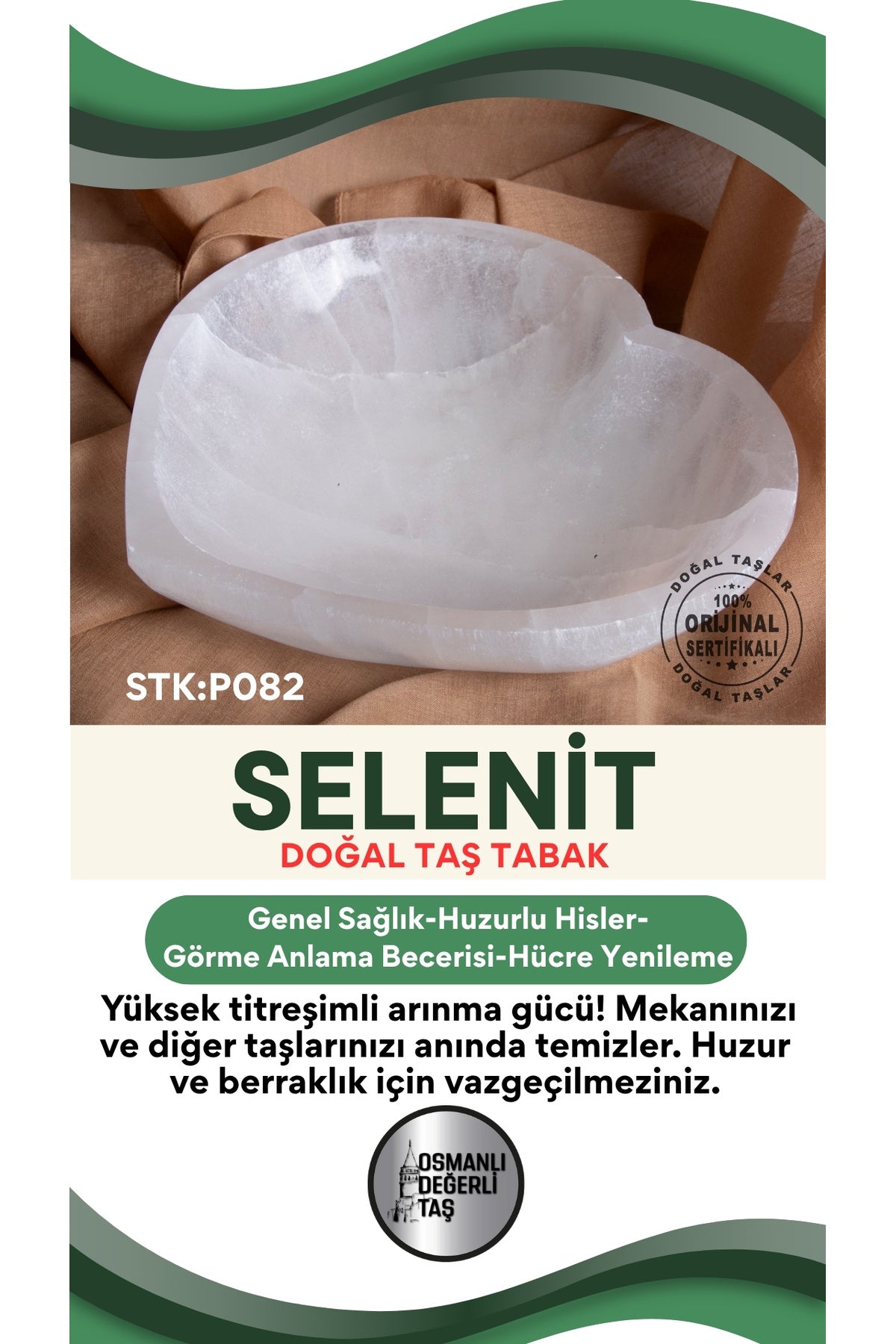 Sertifikalı Selenit Doğal Taş Kalp Tabak No:6 P082