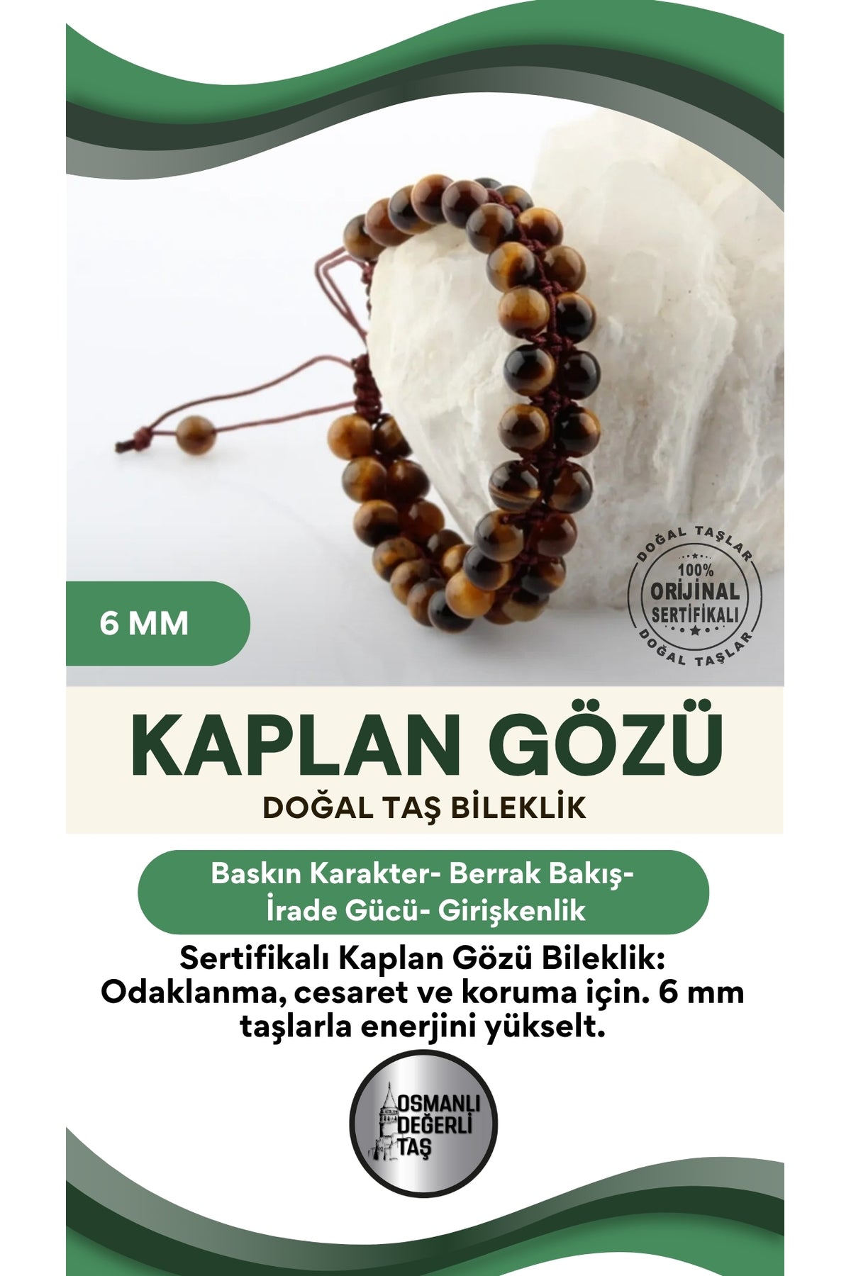 Sertifikalı Kaplan Gözü Doğal Taşı Bileklik - 6 Mm
