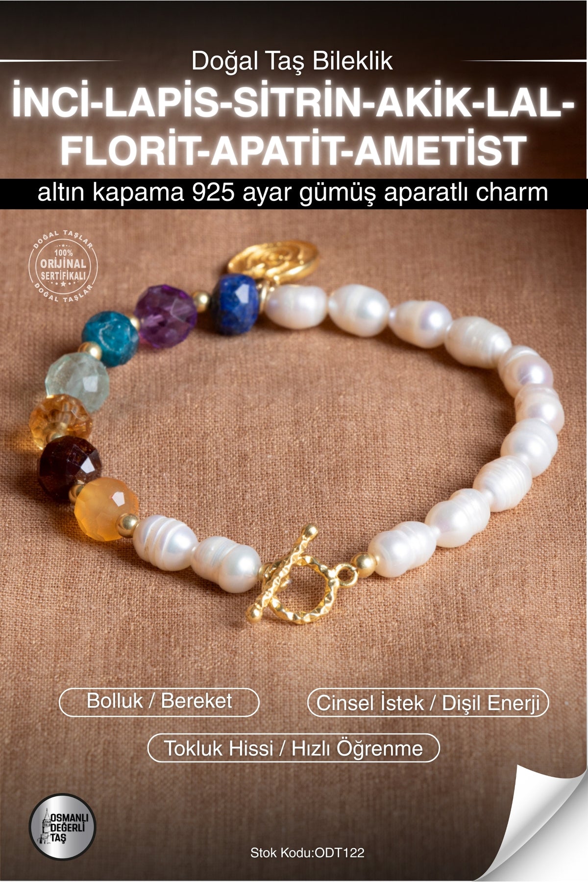 Sertifikalı İNCİ-LAPİS-SİTRİN-AKİK-LAL-FLORİT-APATİT-AMETİST Doğal Taş Altın Kaplama Bileklik ODT122