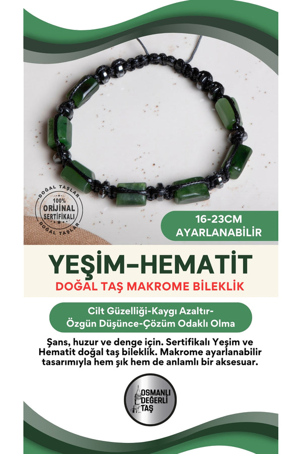 SERTİFİKALI Yeşim-Hematit Doğal Taş Makrome Ayarlanabilir Bileklik