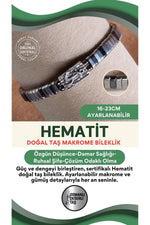 SERTİFİKALI Hematit Doğal Taş Makrome Ayarlanabilir Gümüş Bileklik No:8