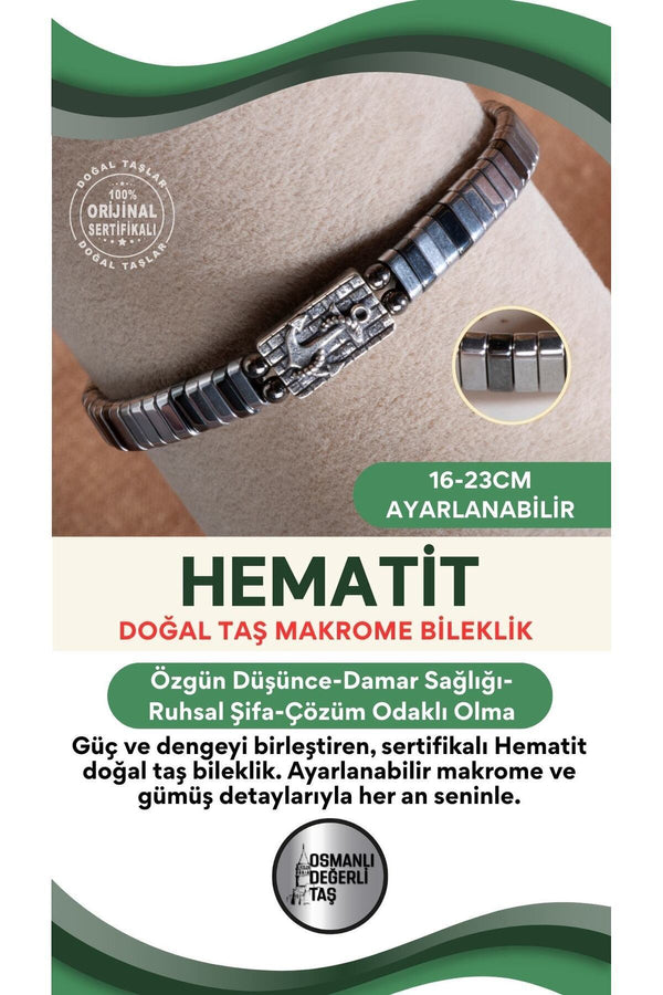 SERTİFİKALI Hematit Doğal Taş Makrome Ayarlanabilir Gümüş Bileklik No:8