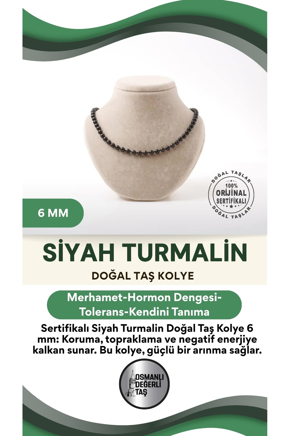 Sertifikalı Siyah Turmalin Doğaltaş Kolye 6 Mm, M593