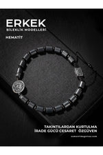 SERTİFİKALI MAT HEMATİT DOĞAL TAŞLI ÖRGÜ 925 AYAR GÜMÜŞ TASARIM BİLEKLİK (APOLLON SEMBOLLÜ)