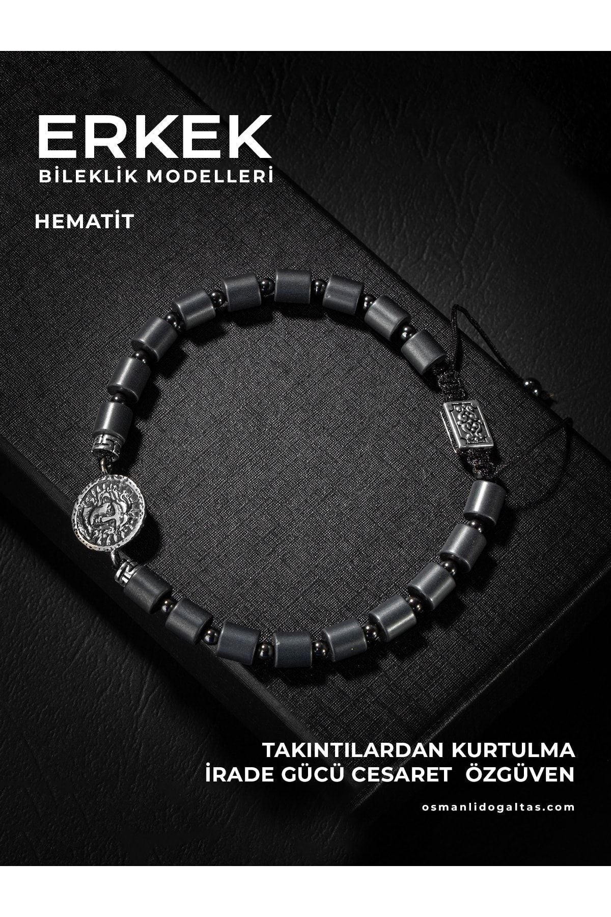 SERTİFİKALI MAT HEMATİT DOĞAL TAŞLI ÖRGÜ 925 AYAR GÜMÜŞ TASARIM BİLEKLİK (APOLLON SEMBOLLÜ)