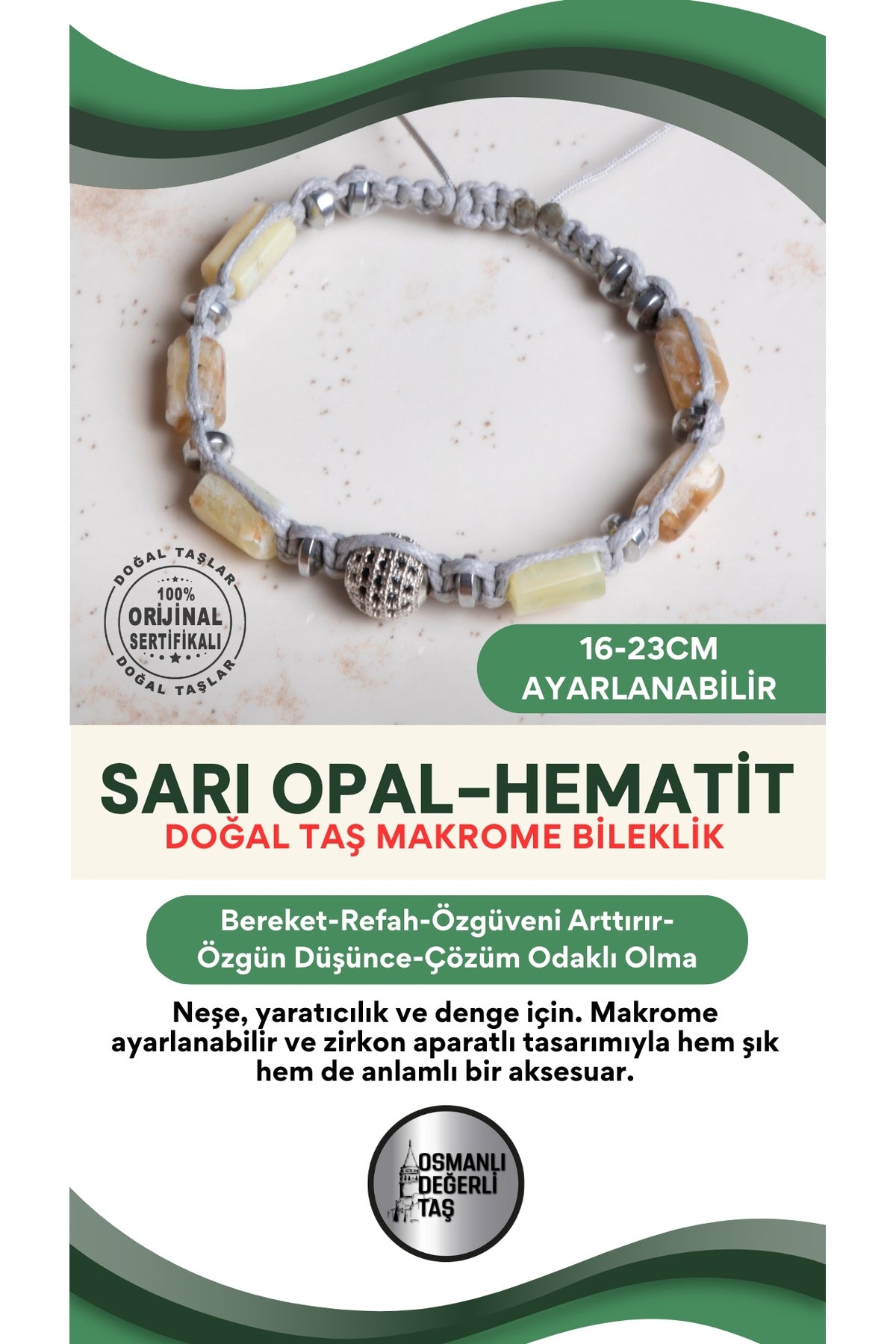 SERTİFİKALI Sarı Opal-Hematit Doğal Taş Makrome Ayarlanabilir Zirkon Aparatlı Bileklik