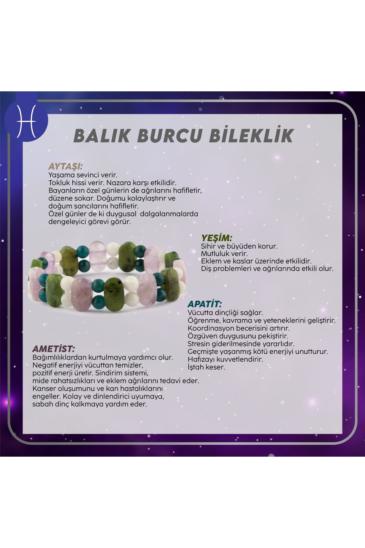 Sertifikalı Balık Burcu Doğal Taş Roleks Bileklik B003