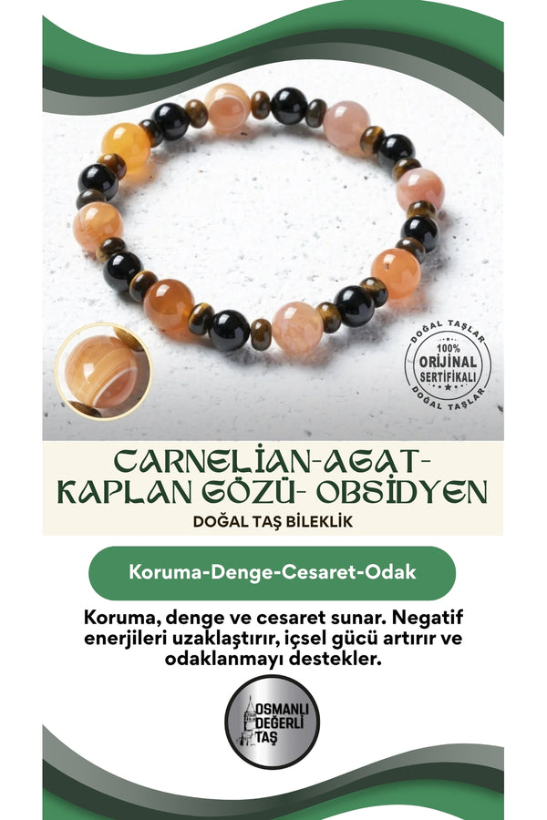 Sertifikalı Doğal Carnelian, Agat, Kaplan Gözü ve Obsidyen Bileklik – Güç, Koruma ve Enerji