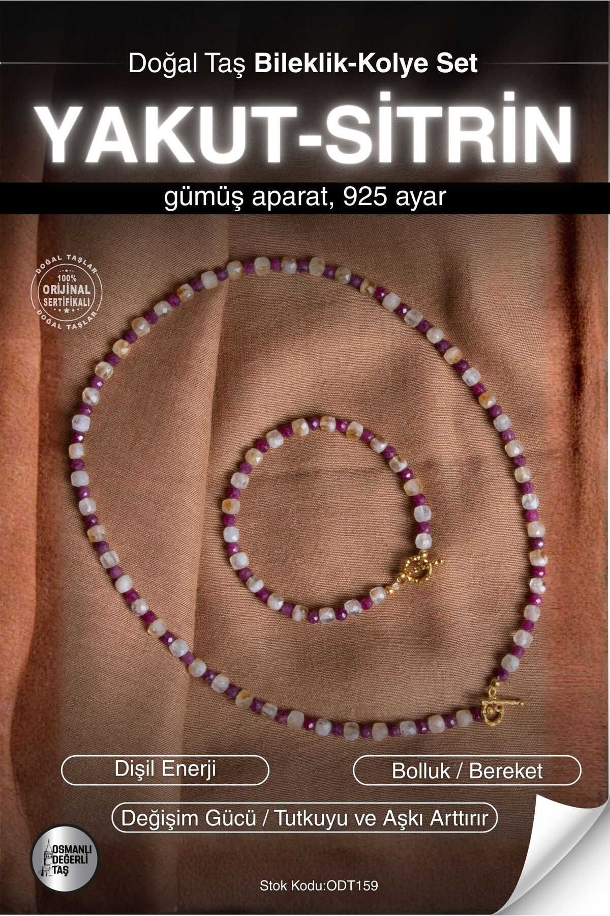SERTİFİKALI Yakut-Sitrin Doğal Taş Bileklik&Kolye Gümüş Aparatlı Set ODT159