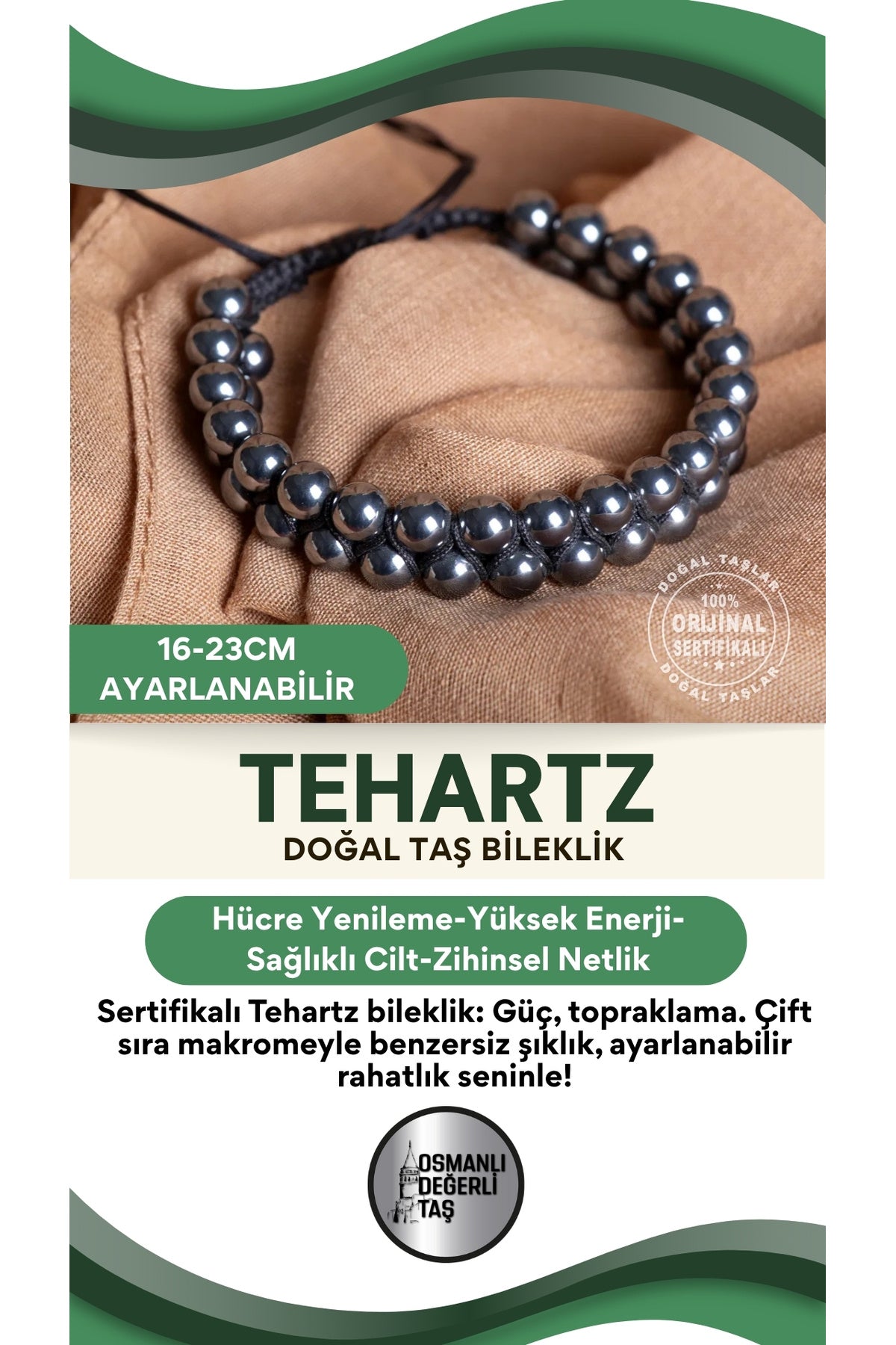 SERTİFİKALI Tehartz Doğal Taş Makrome ayarlanabilir çift sıra Bileklik