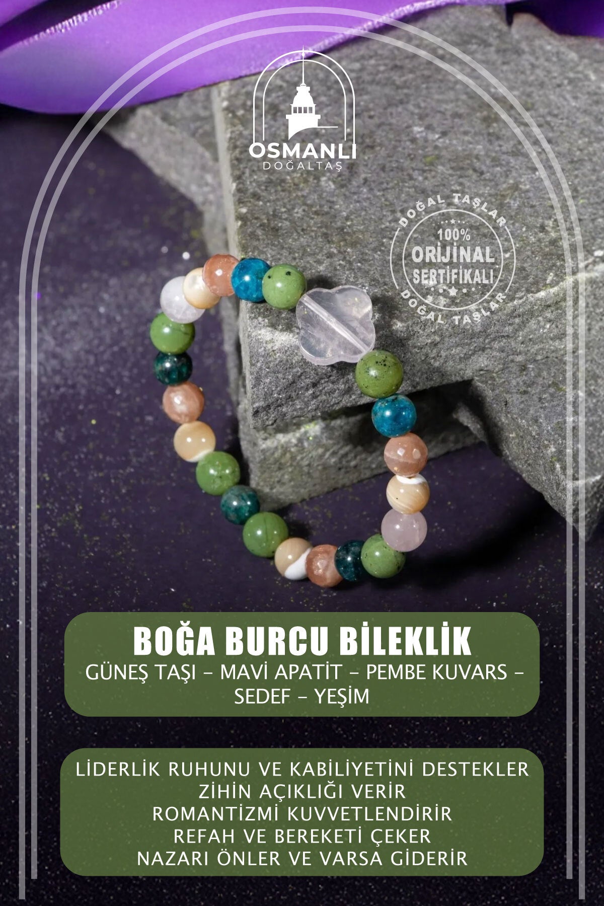 Boğa Burcu Doğal Taş 8mm Yonca Bileklik