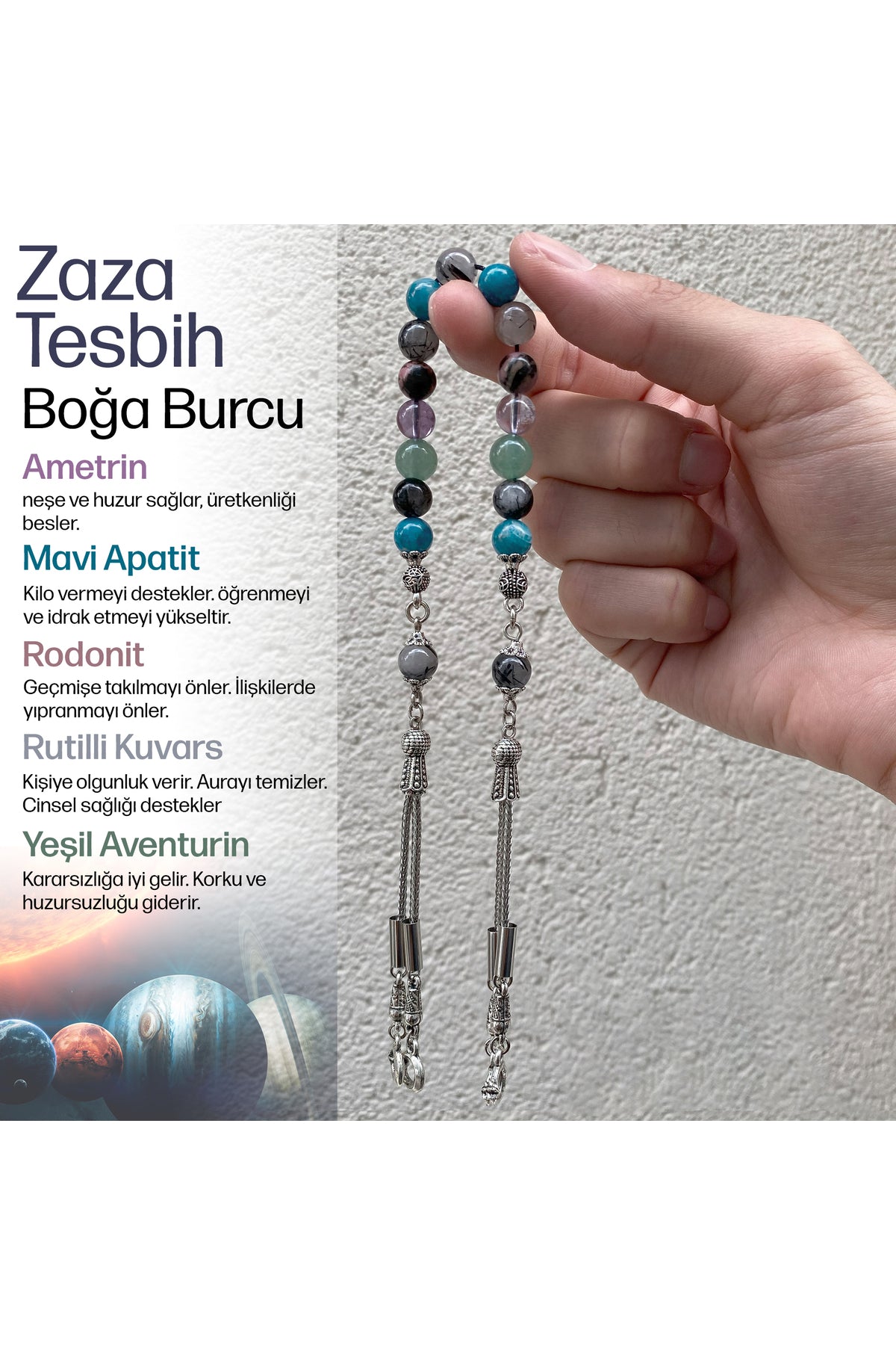 Boğa Burcu Zaza Tesbih Doğal Taş Ametrin, Mavi Apatit, Rodonit, Rutilli Kuvars, Yeşil Aventurin
