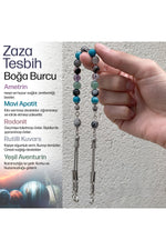 Boğa Burcu Zaza Tesbih Doğal Taş Ametrin, Mavi Apatit, Rodonit, Rutilli Kuvars, Yeşil Aventurin