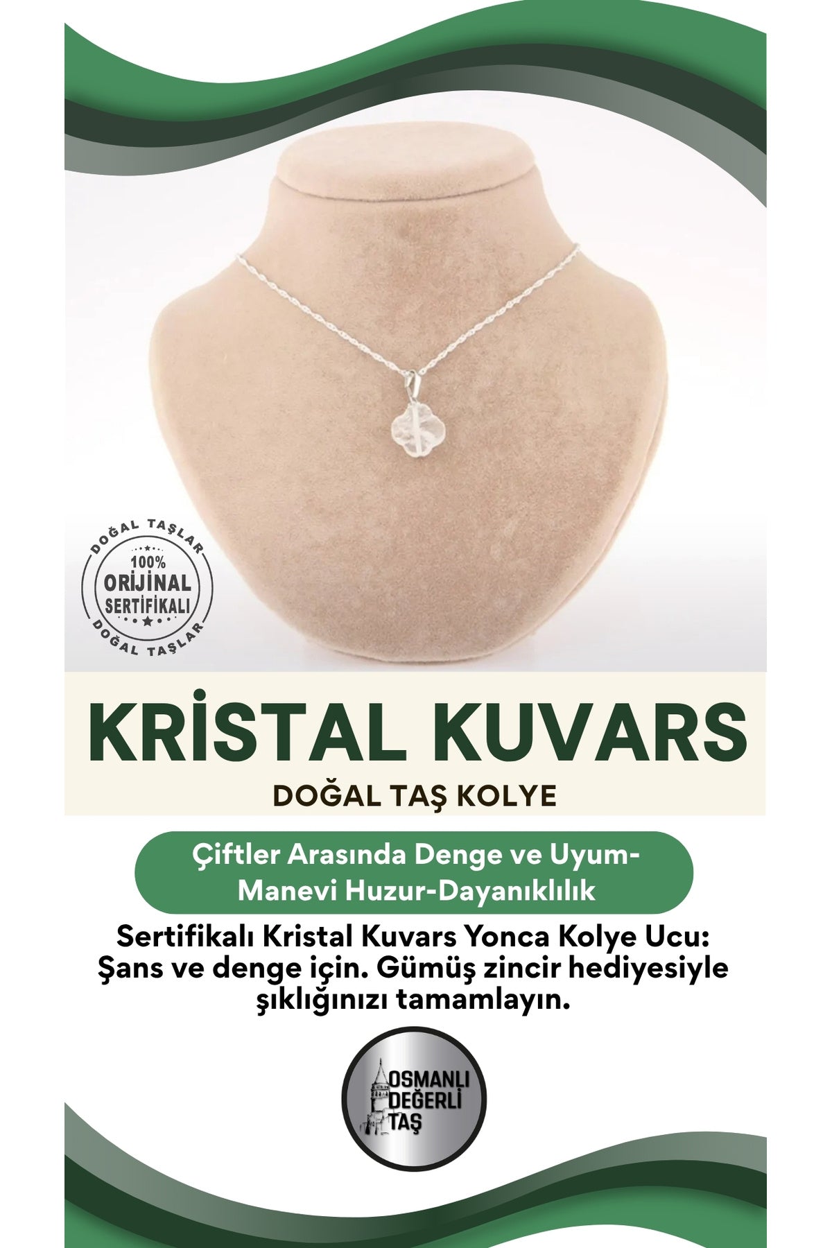 Sertifikalı Kristal Kuvars Yonca Doğal Taş Kolye Ucu (gümüş Zincir Hediye) M339