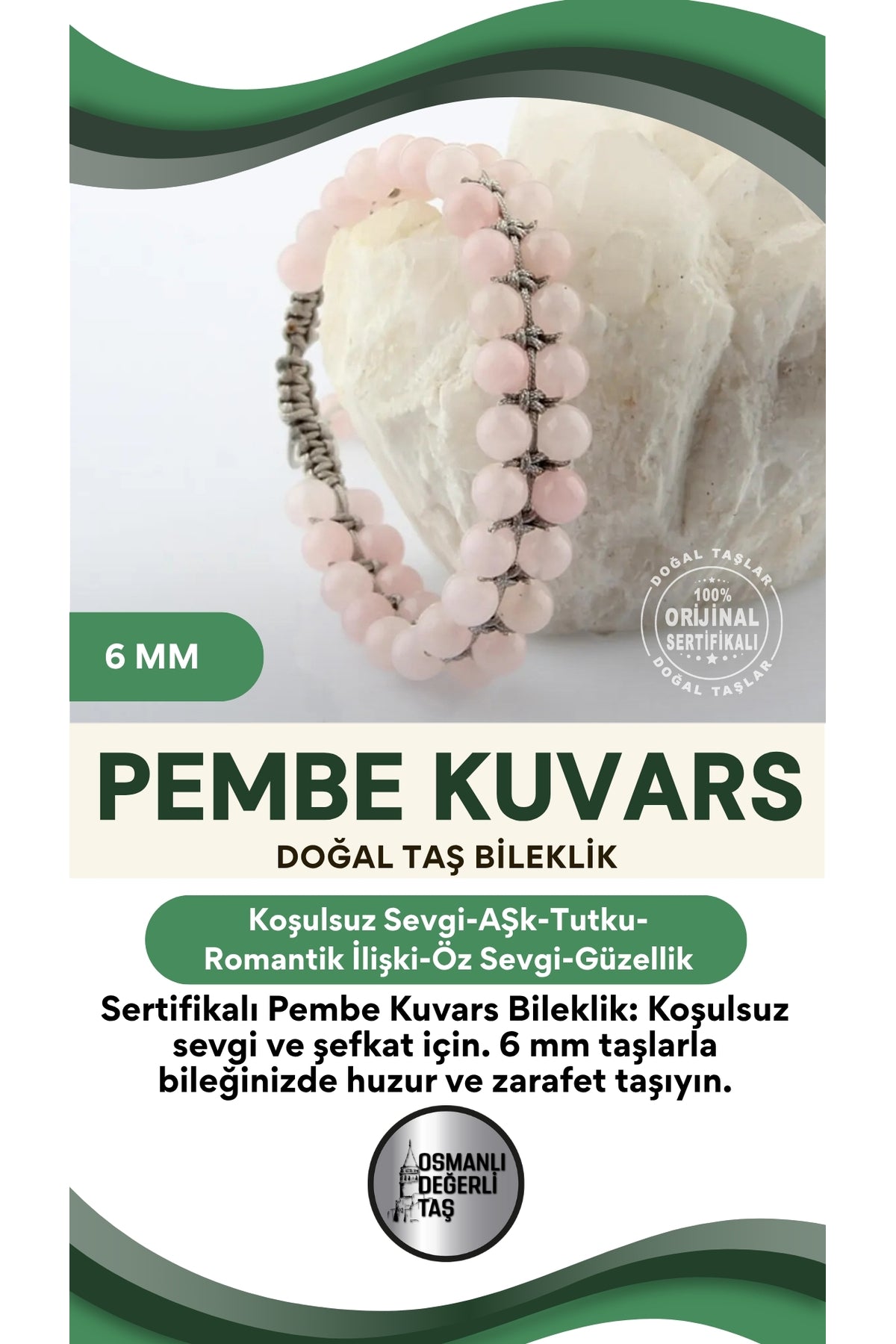 Sertifikalı Pembe Kuvars Doğal Taşı Bileklik - 6 Mm B649