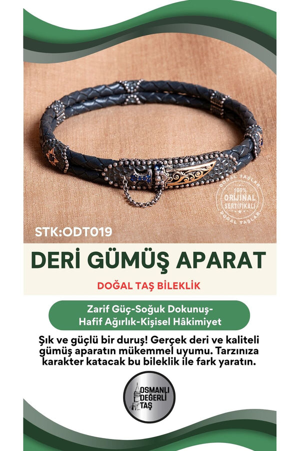 Sertifikalı Deri Gümüş Aparatlı Doğal Taş Bileklik ODT019