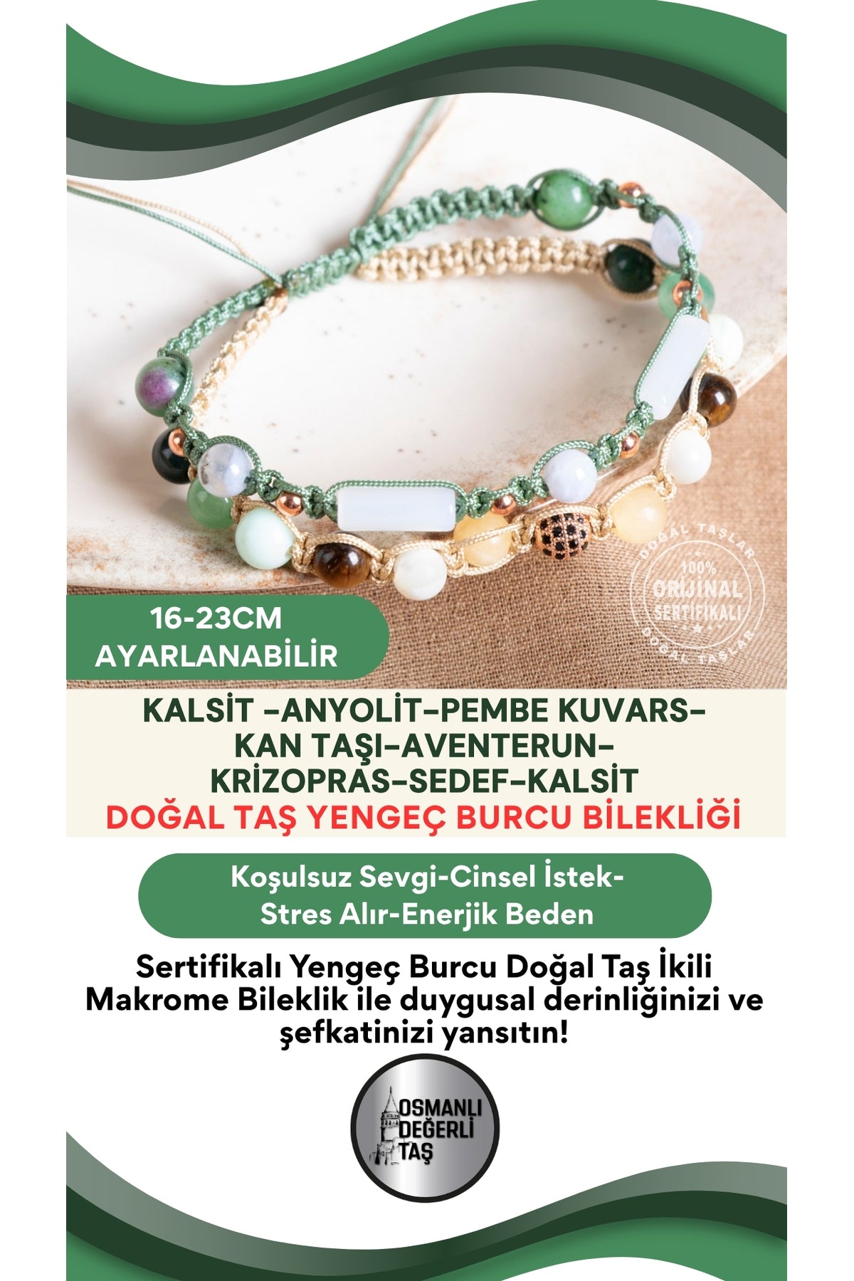 SERTİFİKALI Yengeç Burcu Doğal Taş İkili Makrome Bileklik