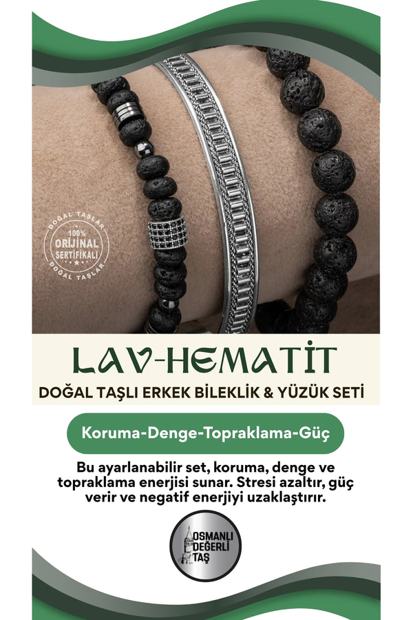 Sertifikalı 925 Ayar Gümüş Lav Hematit Doğal Taşlı Erkek Bileklik & Yüzük Seti Ayarlanabilir Ölçü