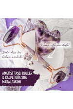Sertifikalı Ametist Doğal Taşı Roller Ve Kalpli Gua Sha Masaj Takımı Ma067