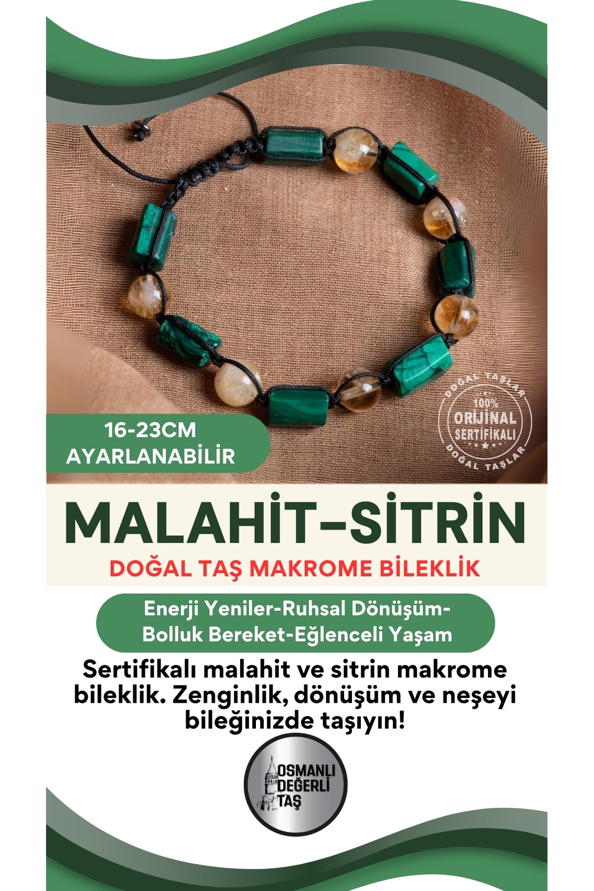 SERTİFİKALI Malahite-Sitrin Doğal Taş Ayarlanabilir Makrome Bileklik