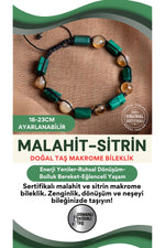 SERTİFİKALI Malahite-Sitrin Doğal Taş Ayarlanabilir Makrome Bileklik