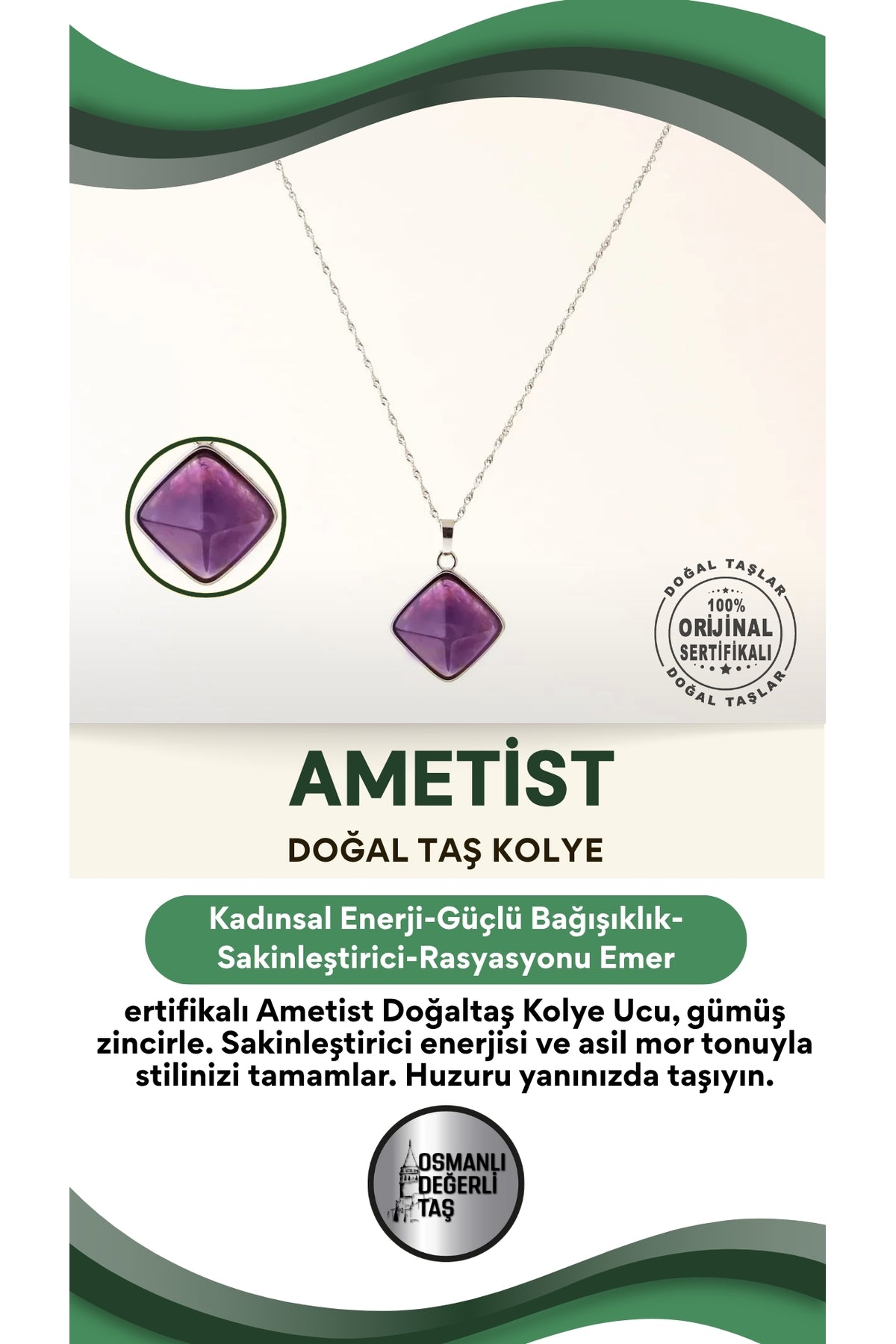 Sertifikalı Ametist Doğaltaş Kolye Ucu, Gümüş Zincirle Birlikte Ku006