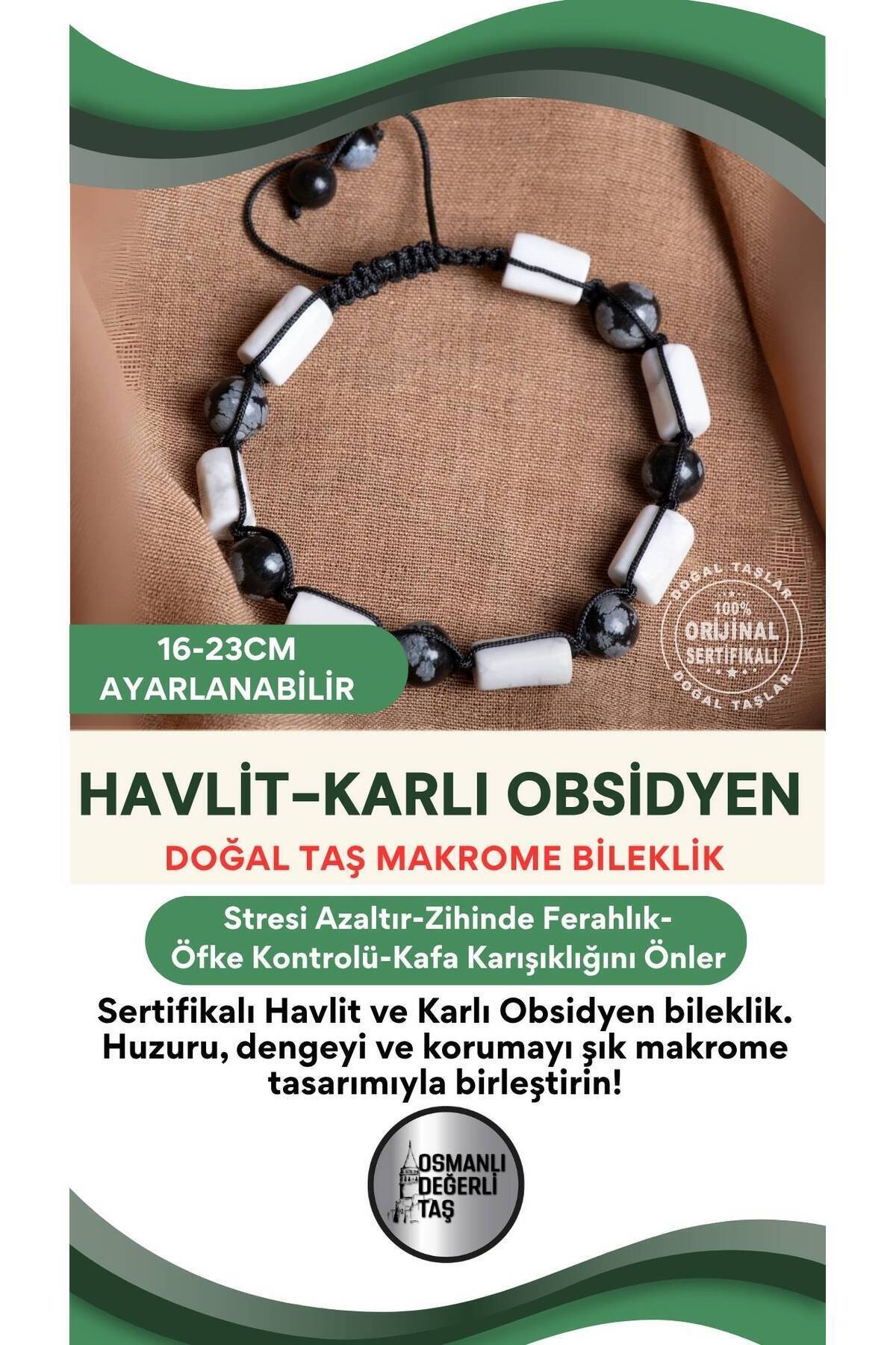 SERTİFİKALI Havlit-Karlı Obsidyen Doğal Taş Ayarlanabilir Makrome Bileklik