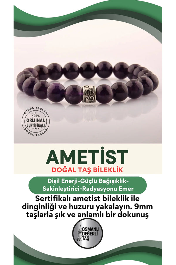 Sertifikalı Ametist Doğal Taş Bileklik 9mm