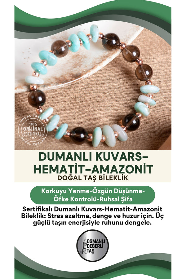 SERTİFİKALI Dumanlı Kuvars-Hematit-Amazonit Doğal Taş Bileklik
