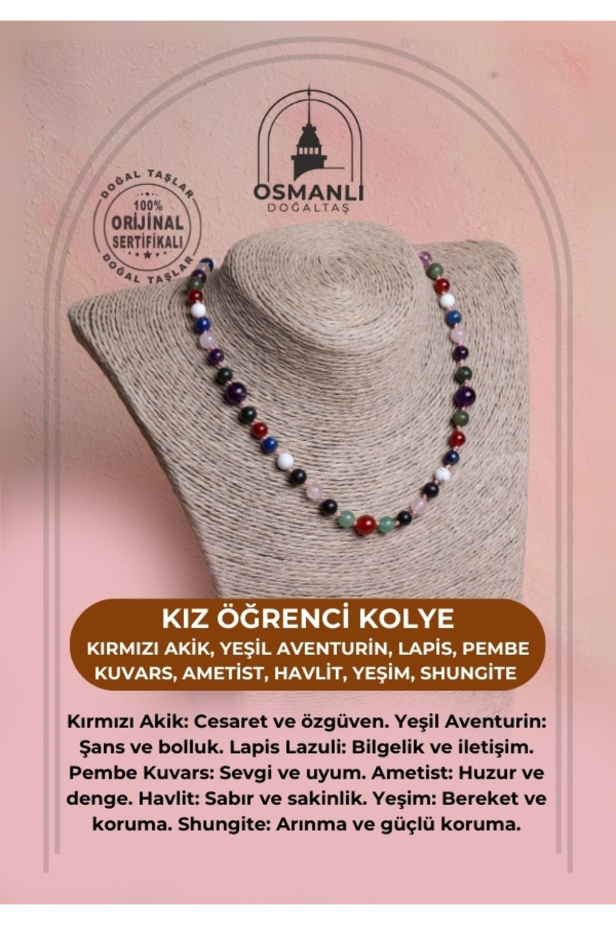 Sertifikalı Aventurin-pembe Kuvars-obsidyen-lapis-havlit-yeşim-ametist Kız Öğrenci Kolye