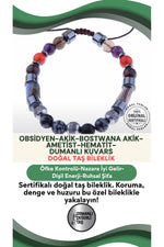Sertifikalı Doğal Taş Bileklik - Obsidyen-akik-bostwana Akik-ametist-hematit-dumanlı Kuvars