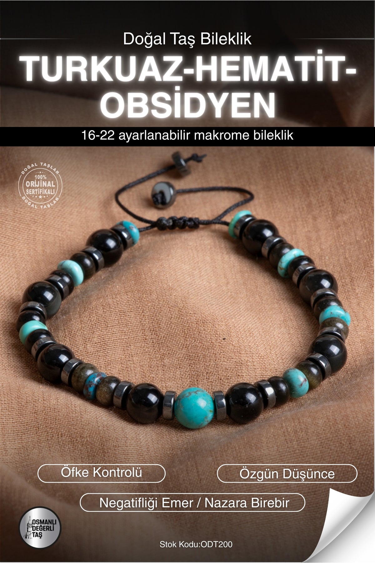 SERTİFİKALI Turkuaz-Hematit-Obsidyen Doğal Taş Makrome Bileklik ODT200