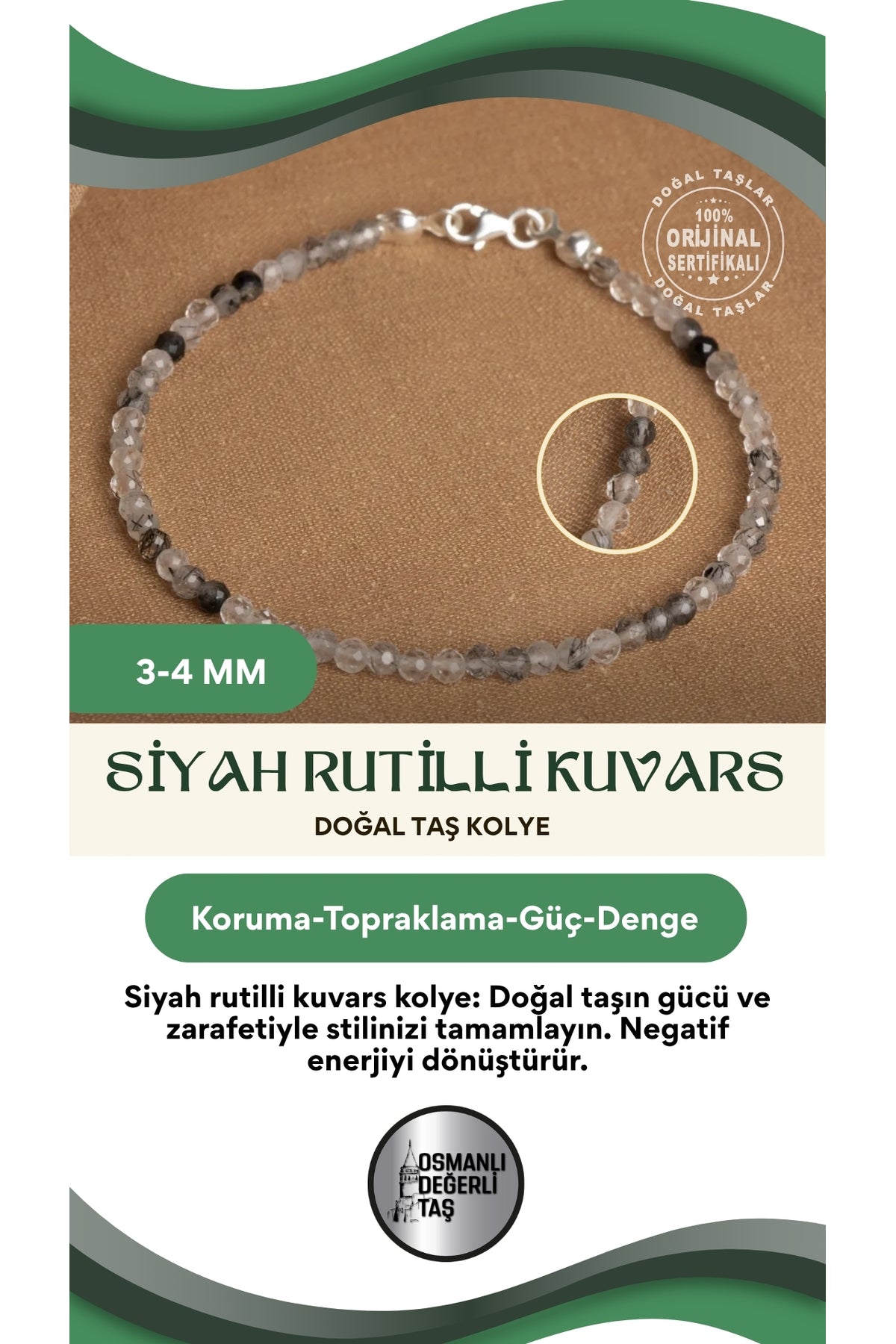 Sertifikalı Doğal Siyah Rutilli Kuvars 3-4 Mm Fasetli Kesim Kolye