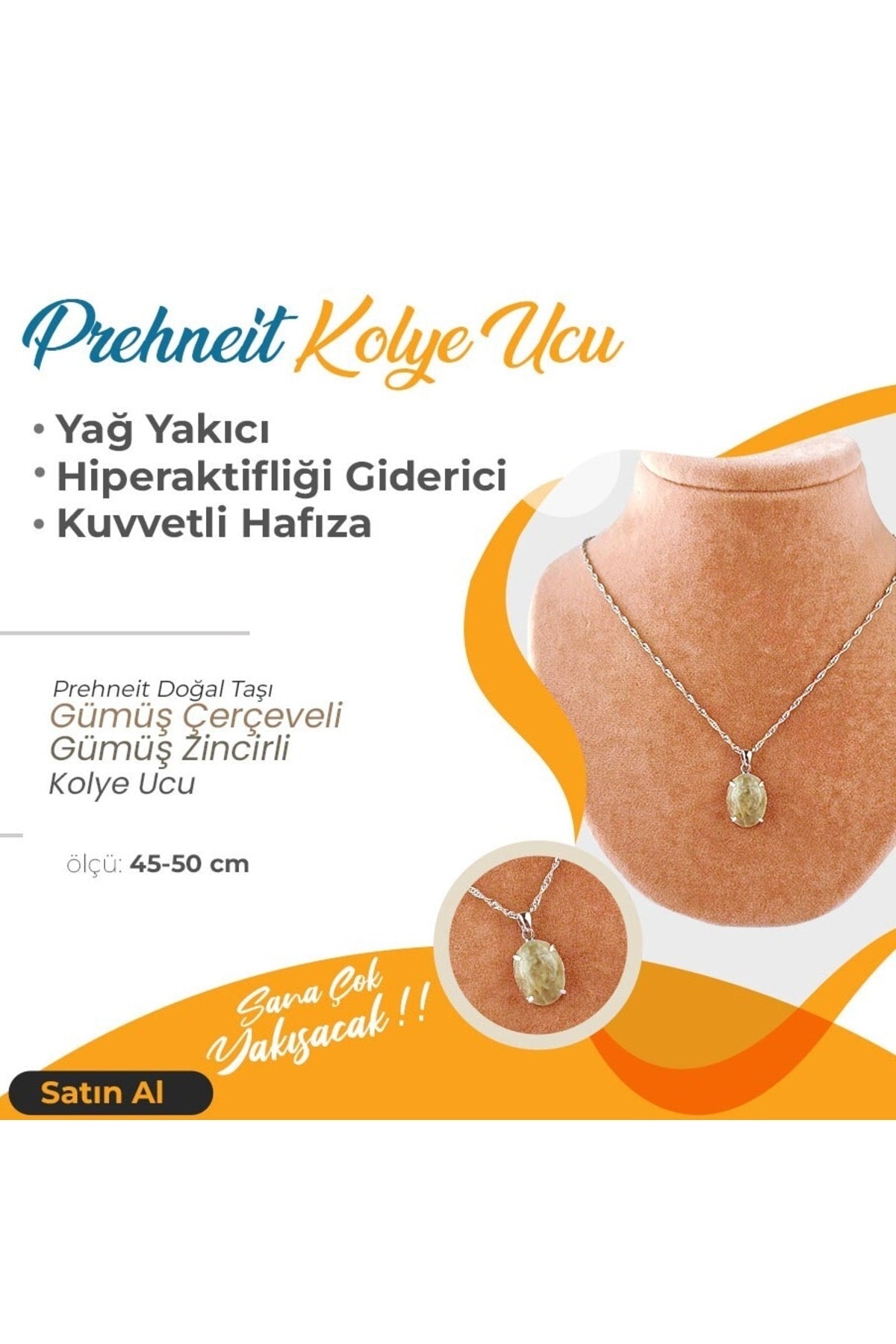 Sertifikalı Prehneit Doğaltaş Kolye Ucu, Gümüş Zincirle Birlikte 3,5x1,5 Cm, M472