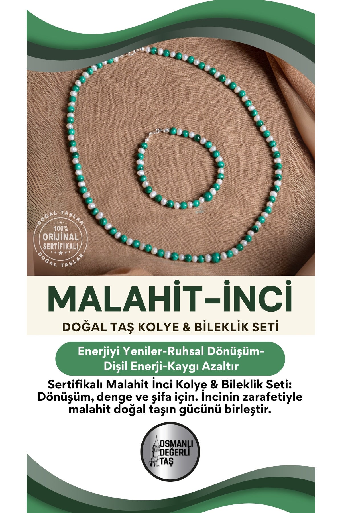 SERTİFİKALI Malahite İnci Doğal Taş Kolye (45 CM)& Bileklik (18CM) Seti